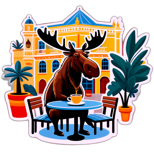 Verspielte Illustration eines Elches in einem Straßencafé in Sevilla