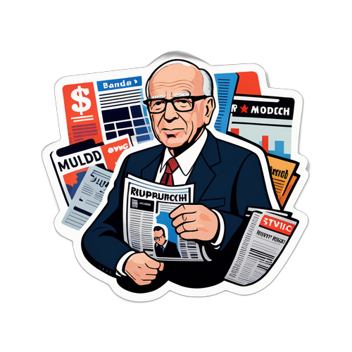 Klistermärke med Rupert Murdoch i en stiliserad affärsmiljö