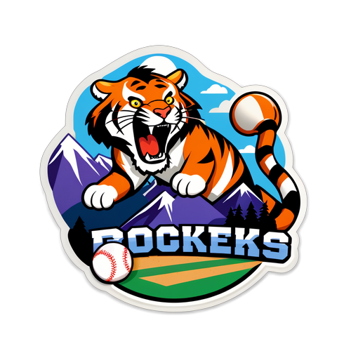 Playful Tiger and Rocky Mountains Baseball Sticker