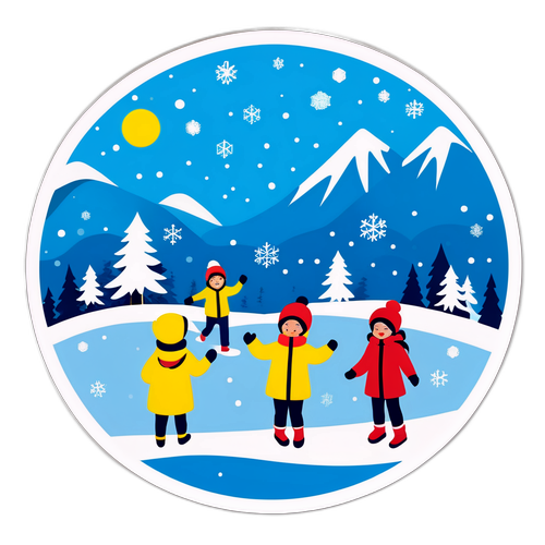 Peisaj de iarnă cu copii bucurându-se de ninsoare