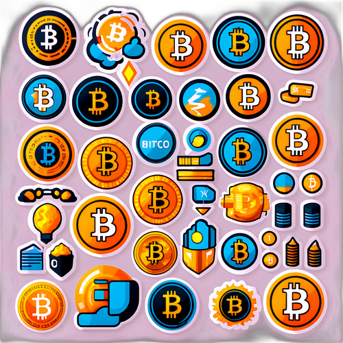 Seria naklejek przedstawiających różne aspekty cen Bitcoinów w ciągu lat