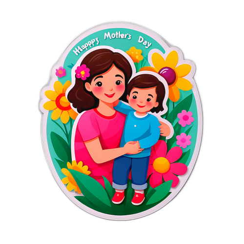 สติกเกอร์วันแม่พร้อมภาพดอกไม้และเด็ก