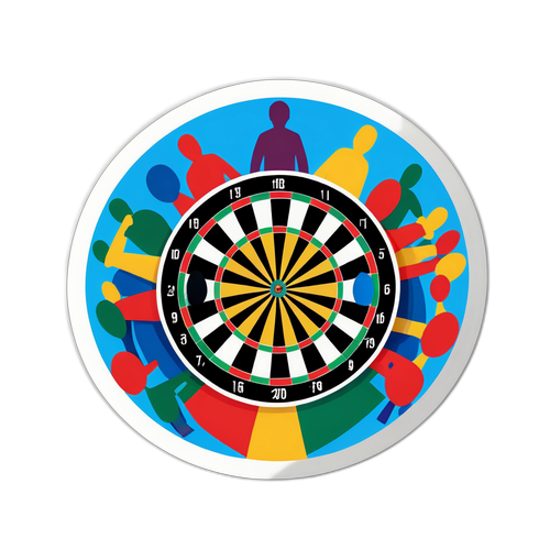 Ein Sticker von einem Dart-Wettbewerb mit jubelnden Zuschauern