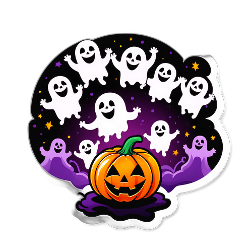 Autocollant d'Halloween avec un citrouille souriante et des fantômesdansants