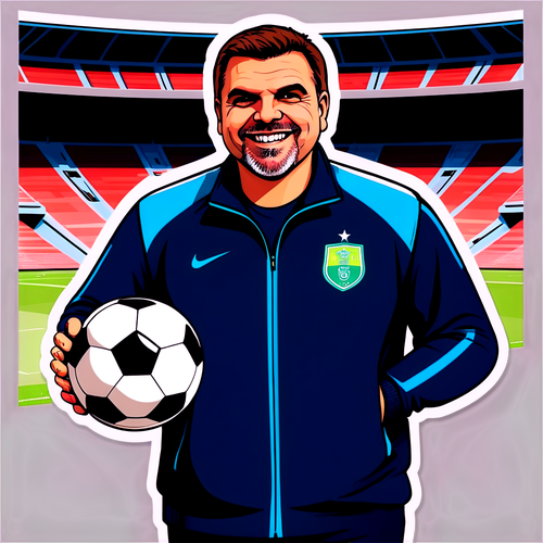Cartoonachtige afbeelding van Ange Postecoglou met een voetbal
