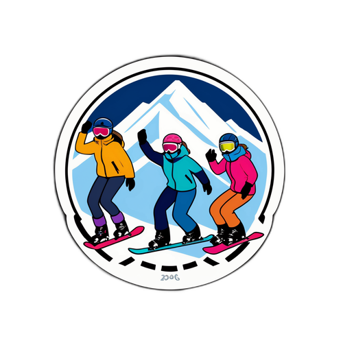 Наклейки, присвячені Зимовим Олімпійським іграм 2026 року, з жіночими сноубордистками на фоні гір