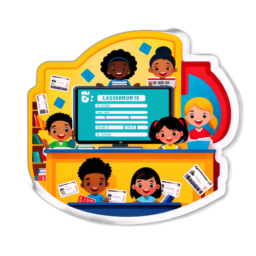 Un diseño divertido de un aula con estudiantes usando sus boletos estudiantiles y disfrutando del aprendizaje