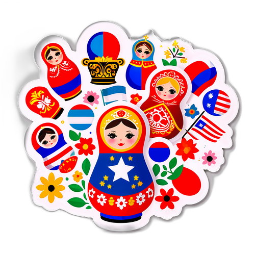 Wielokolorowa naklejka rosyjska z matrioszkami