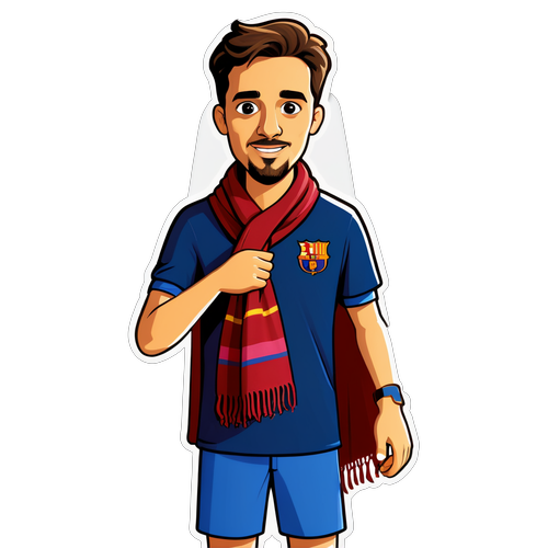 Ilustración de un aficionado del Barcelona con una bufanda en un partido