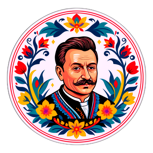 László Kéri portréja magyar népművészeti motívumokkal