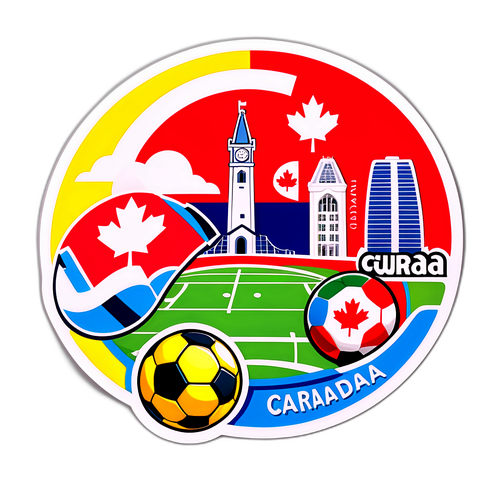 Stiker Warna-warni Landmark Terkenal Curaçao dan Kanada dengan Elemen Sepak Bola