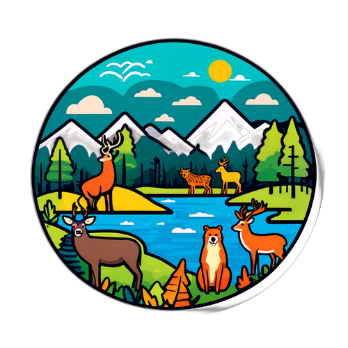 Nálepka zobrazující přírodu a městské prostředí Minnesoty s zvířaty a lidmi