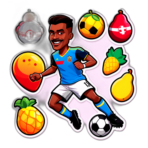 Karakter Karikatur dengan Monument dan Sepak Bola