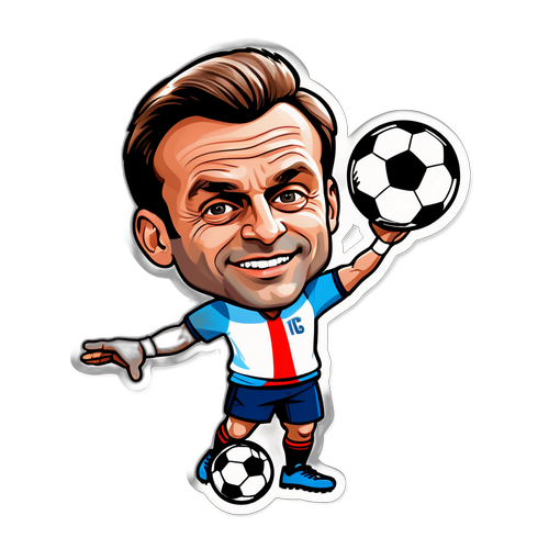 Caricatură amuzantă a lui Macron jucând fotbal