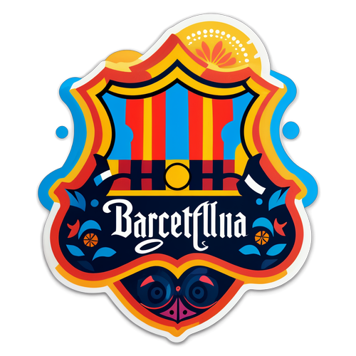 Sticker van het iconische Barcelona-logo met muzikale en festival-elementen