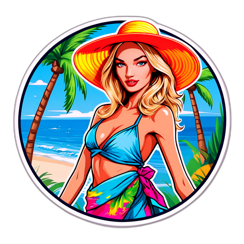 Una pegatina de Candice Swanepoel con palmeras y el mar