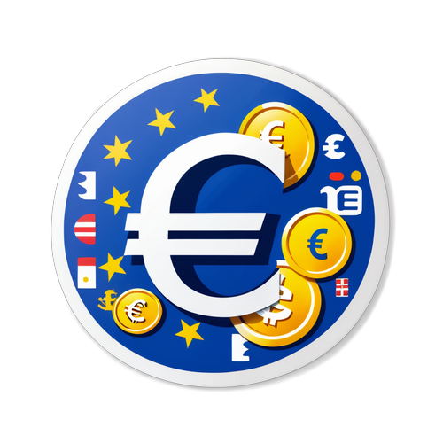 Sticker cu simbolul euro, înconjurat de simboluri ale prosperității europene