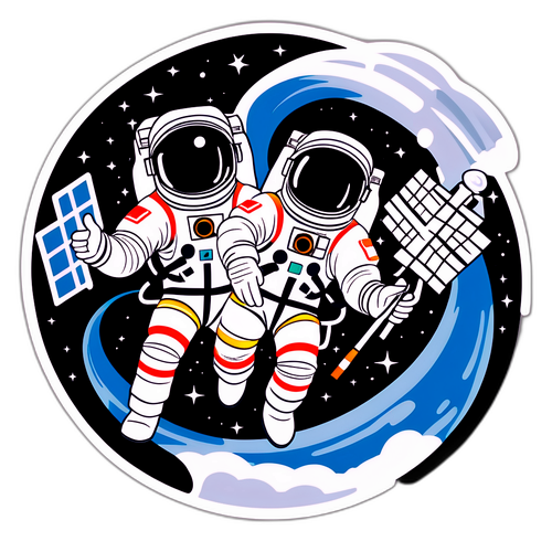 Ilustrowany naklejka ISS z astronautami w czasie spaceru kosmicznego nad Polską