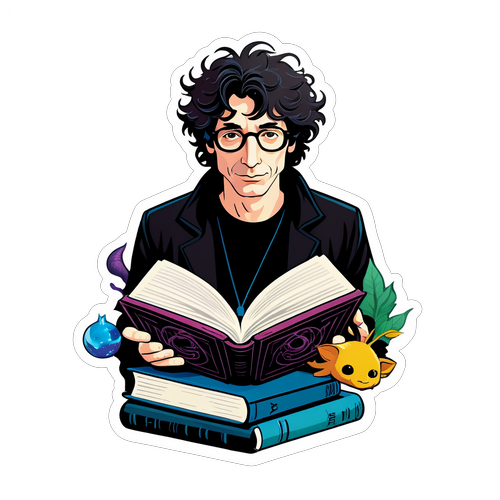 Illustration af Neil Gaiman med fantasyelementer