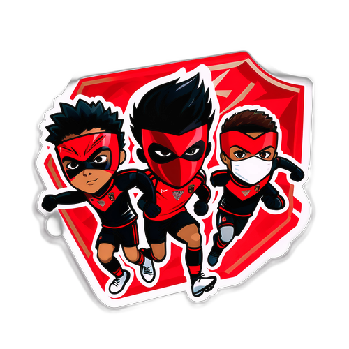 Desenho de jogadores jovens do Flamengo Sub 20 com máscaras de super-heróis