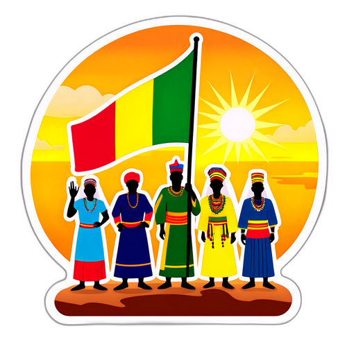 Flaga Mali na tle zachodzącego słońca z postaciami w tradycyjnych strojach