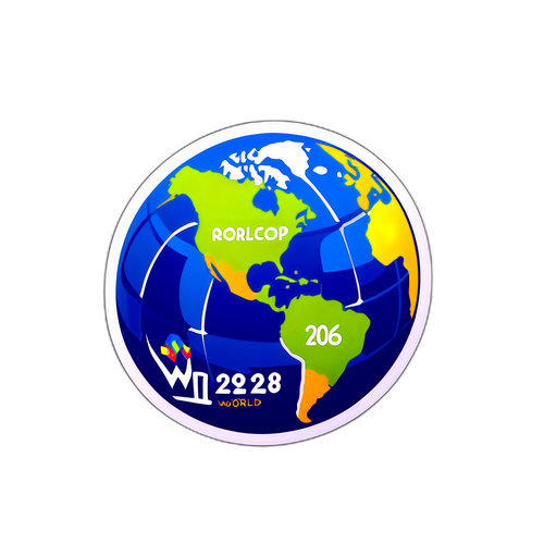 Een sticker met een voetbal in de vorm van de aarde, met de tekst 'Wereldbeker 2026' eromheen