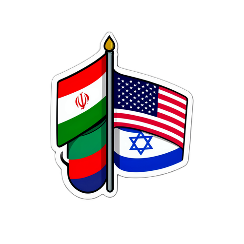 Sticker, der die geopolitischen Spannungen zwischen Iran, den USA und Israel darstellt