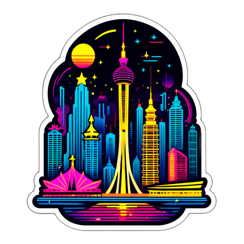 Ilustración de la Torre de Macao con luces neón en estilo retro