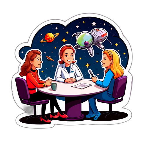 Karikatyr av Carina Bergfeldt som intervjuar fiktiva karaktärer i rymden