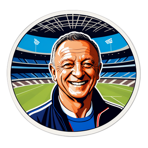 Jean Michel Aulas en souriant avec un silhouettage de stade en arrière-plan