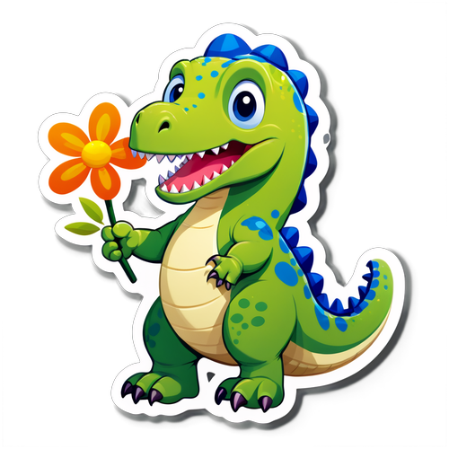 Friendly Dinosaur Waving with a Flower Sticker
