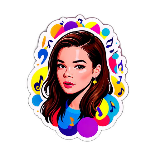 Kolorowy projekt naklejki przedstawiający Hailee Steinfeld śpiewającą z muzycznymi nutami