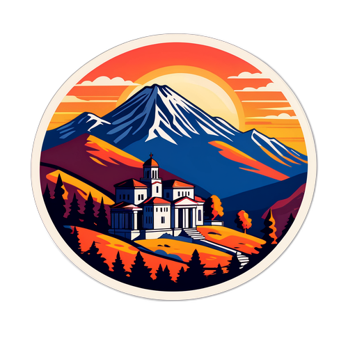 Illustratie van Albanese bergen met traditionele architectuur en een zonsondergang