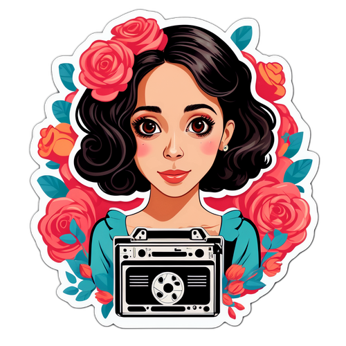 Ilustrasi Oona Chaplin dengan Gulungan Film Vintage dan Bunga Mawar