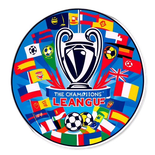 Логотип Лиги чемпионов с трофеем и флагами участников