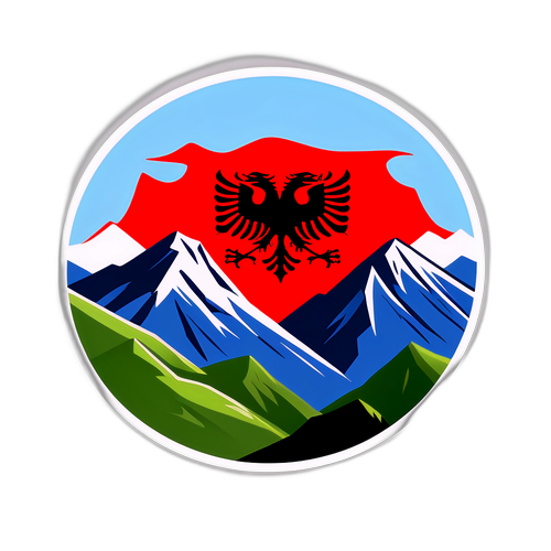 Sticker van de Albanese vlag met bergen op de achtergrond