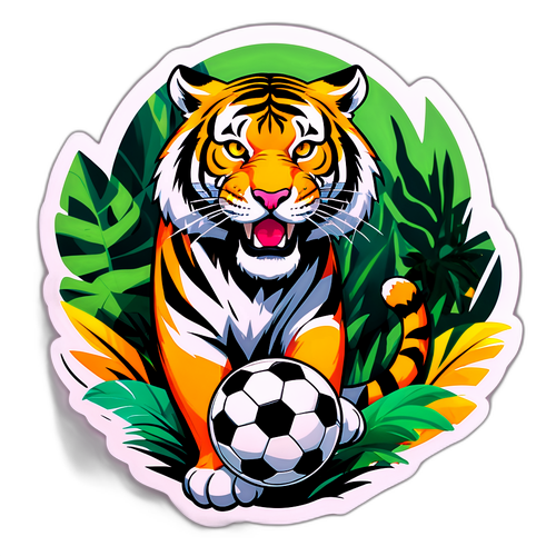 Un tigre feroz en la jungla con un balón de fútbol
