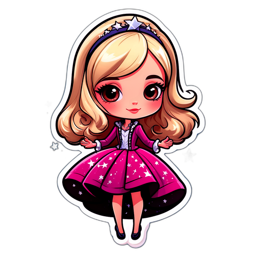 Een cartoon van Elodie Gossuin in een glamoureuze outfit met glimmende sterren