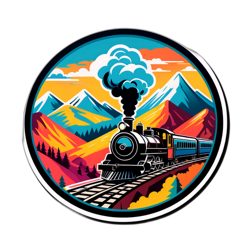 Etichetă Ilustrând un Tren cu Abur Traversând Peisaje Montane