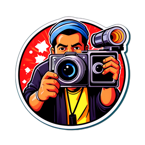 מדבקת דמות אומנותית עם 'שahid' מסביב למוטיבים של קולנוע ומצלמות