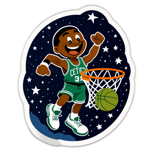Un adesivo del mascotte dei Celtics che schiaccia un canestro in un cielo stellato