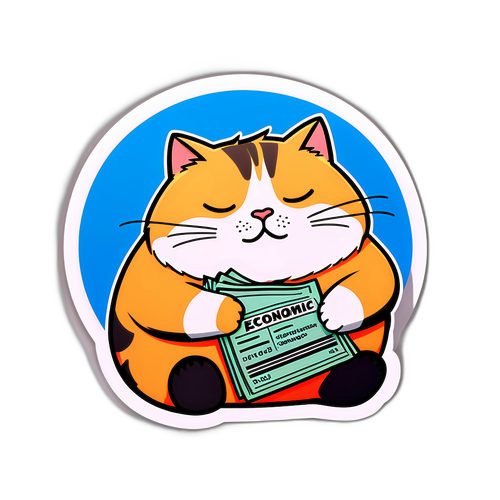 Милый стикер с толстым котом и заголовком "Экономические новости"