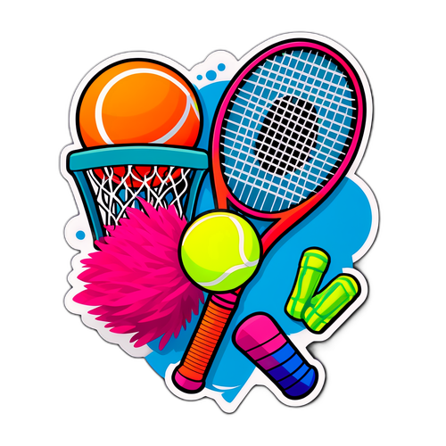 Design de sticker cu un fileu de tenis și rachete colorate