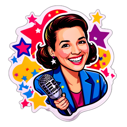 Humoristische sticker van Véronique De Kock met een microfoon