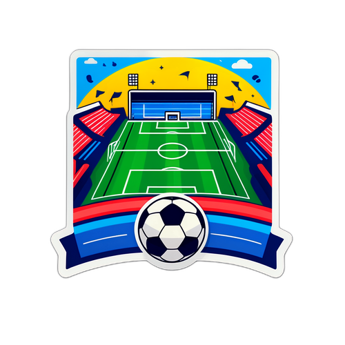 Thiết kế một sticker với cảnh quan của một trận bóng đá trước sân khấu thể thao, mời gọi người xem
