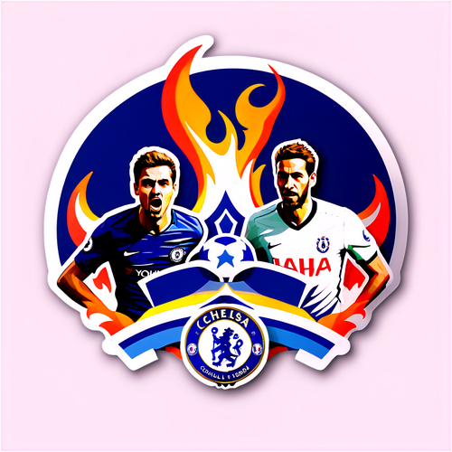 Autocollant représentant les logos de Tottenham et Chelsea avec un fond de stade en flammes