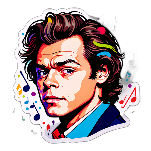 Umělecký portrét Harryho Stylese s hudebními notami a živými barvami