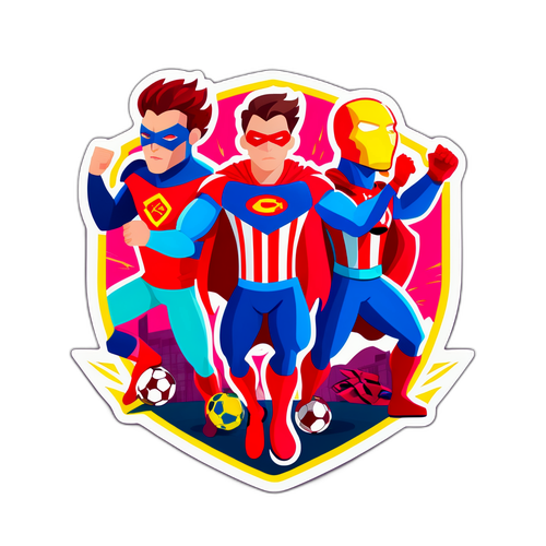 Ілюстрація супергероїв у формі футболістів захисників Ліги чемпіонів з малиновими акцентами