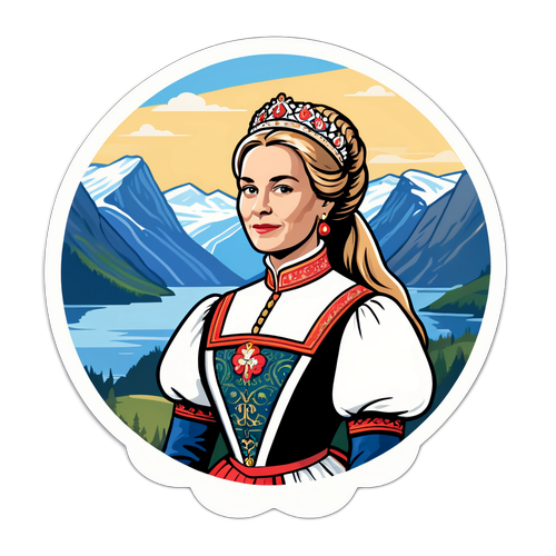 Regal klistremerke av Dronning Sonja i tradisjonell drakt