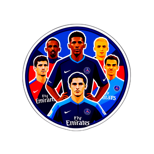 Huy hiệu Paris Saint-Germain với hình ảnh các thành viên huyền thoại, phong cách retro và màu sắc tươi sáng